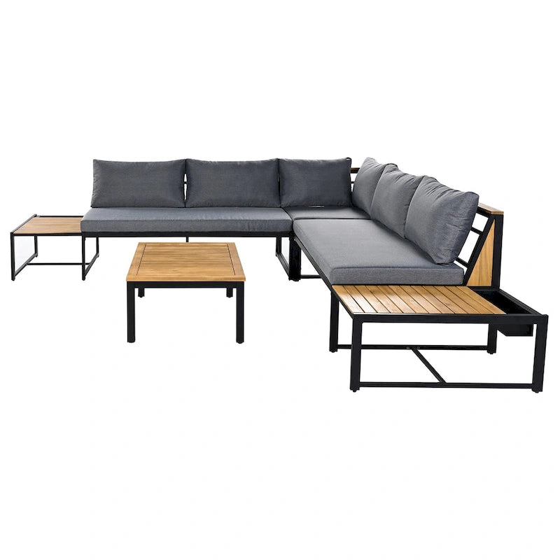 4-Piece Outdoor Patio Iron Sectional Sofa Set with Coffee Table and Side Storage Shelf