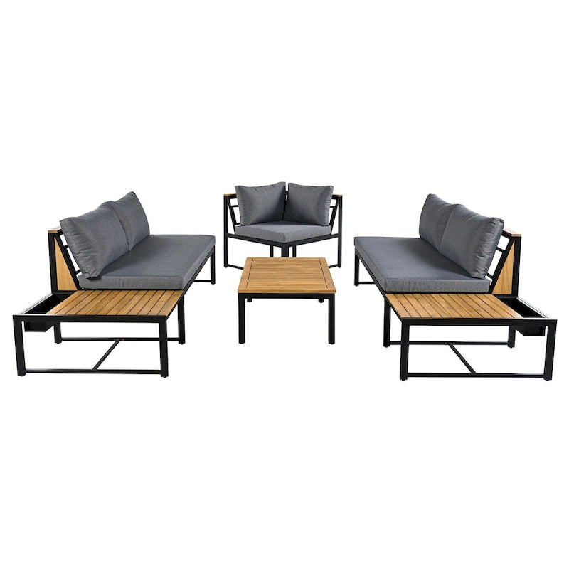 4-Piece Outdoor Patio Iron Sectional Sofa Set with Coffee Table and Side Storage Shelf
