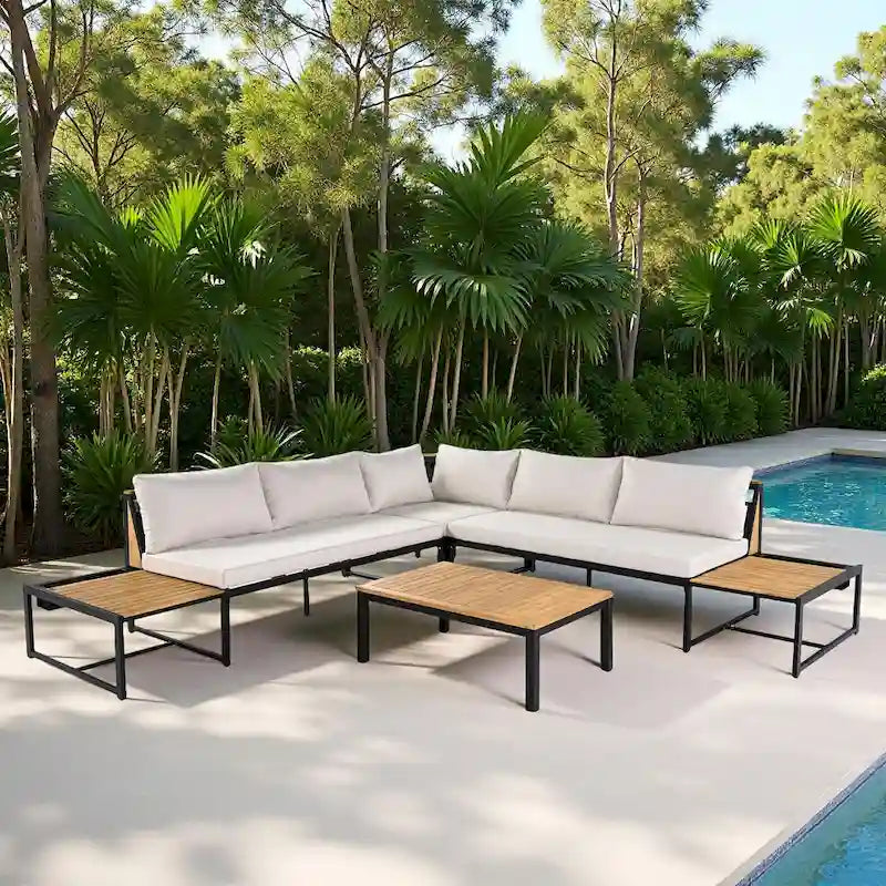 4-Piece Outdoor Patio Iron Sectional Sofa Set with Coffee Table and Side Storage Shelf