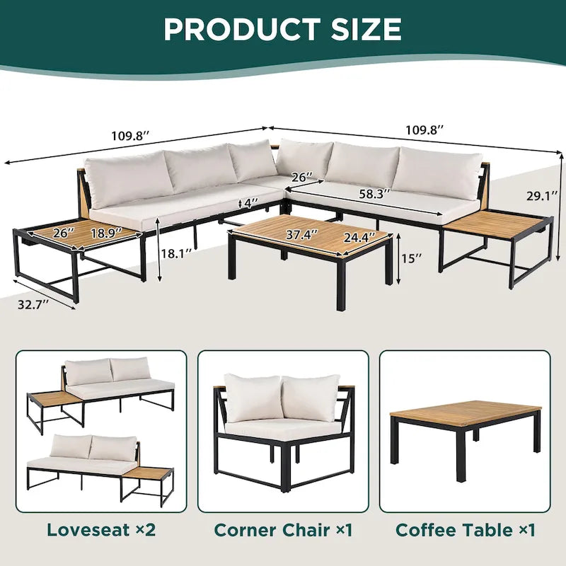 4-Piece Outdoor Patio Iron Sectional Sofa Set with Coffee Table and Side Storage Shelf