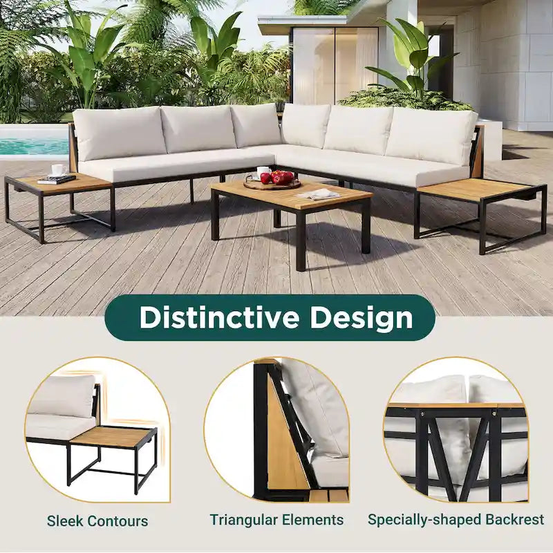 4-Piece Outdoor Patio Iron Sectional Sofa Set with Coffee Table and Side Storage Shelf