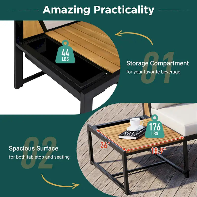 4-Piece Outdoor Patio Iron Sectional Sofa Set with Coffee Table and Side Storage Shelf