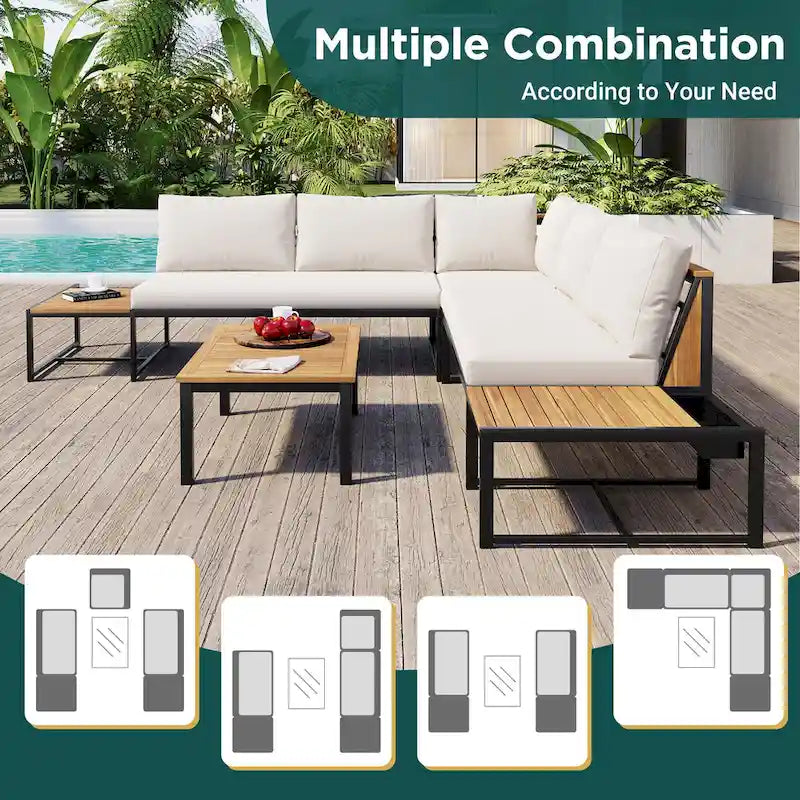 4-Piece Outdoor Patio Iron Sectional Sofa Set with Coffee Table and Side Storage Shelf