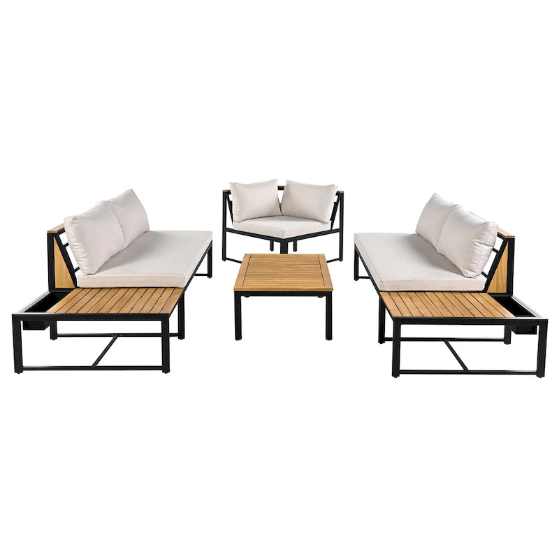 4-Piece Outdoor Patio Iron Sectional Sofa Set with Coffee Table and Side Storage Shelf