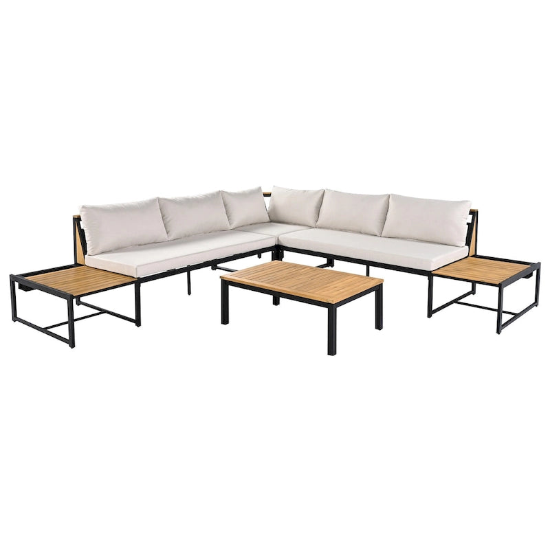 4-Piece Outdoor Patio Iron Sectional Sofa Set with Coffee Table and Side Storage Shelf