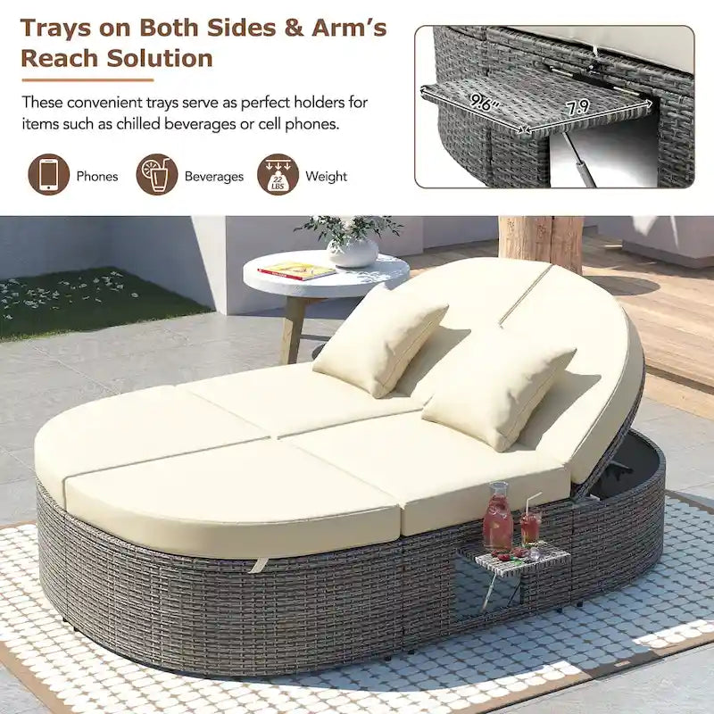 Outdoor Patio Rattan Round Daybed Sunbed with Adjustable Backrests and Foldable Cup Trays