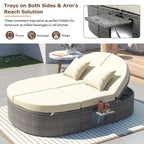 Outdoor Patio Rattan Round Daybed Sunbed with Adjustable Backrests and Foldable Cup Trays