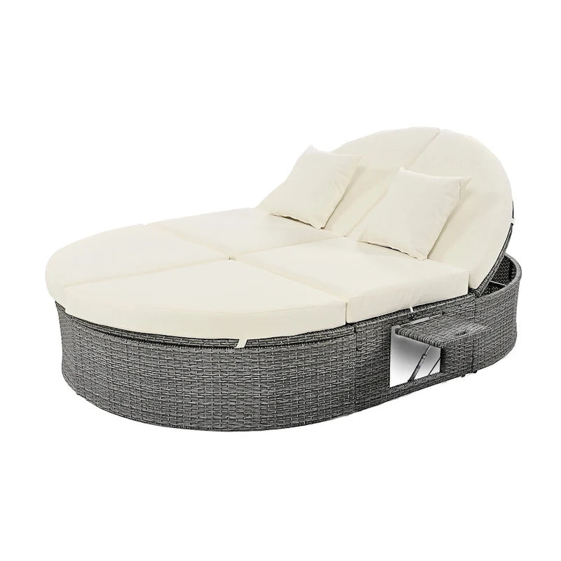 Outdoor Patio Rattan Round Daybed Sunbed with Adjustable Backrests and Foldable Cup Trays