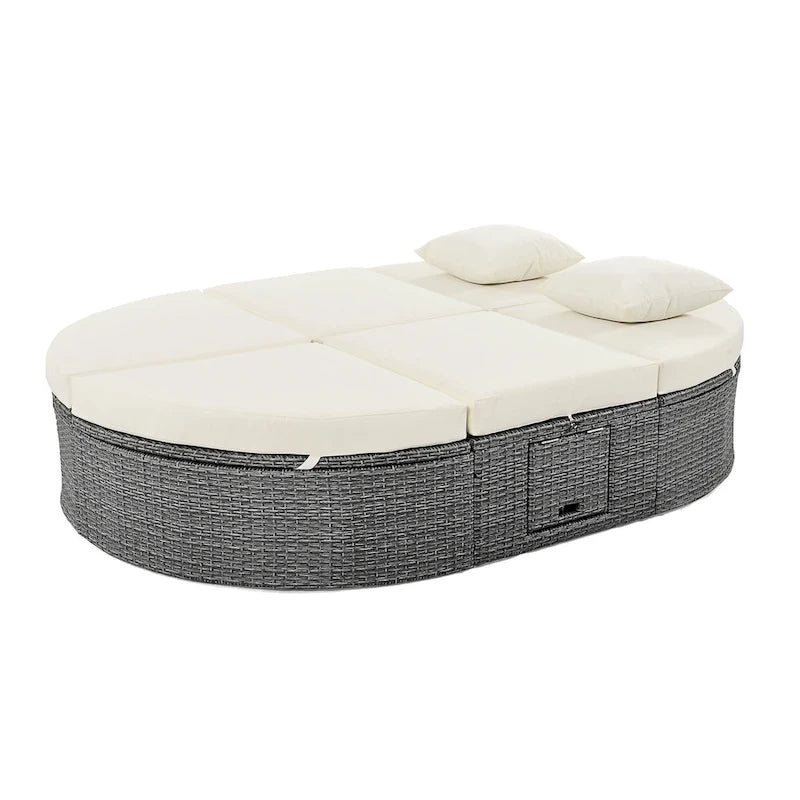 Outdoor Patio Rattan Round Daybed Sunbed with Adjustable Backrests and Foldable Cup Trays
