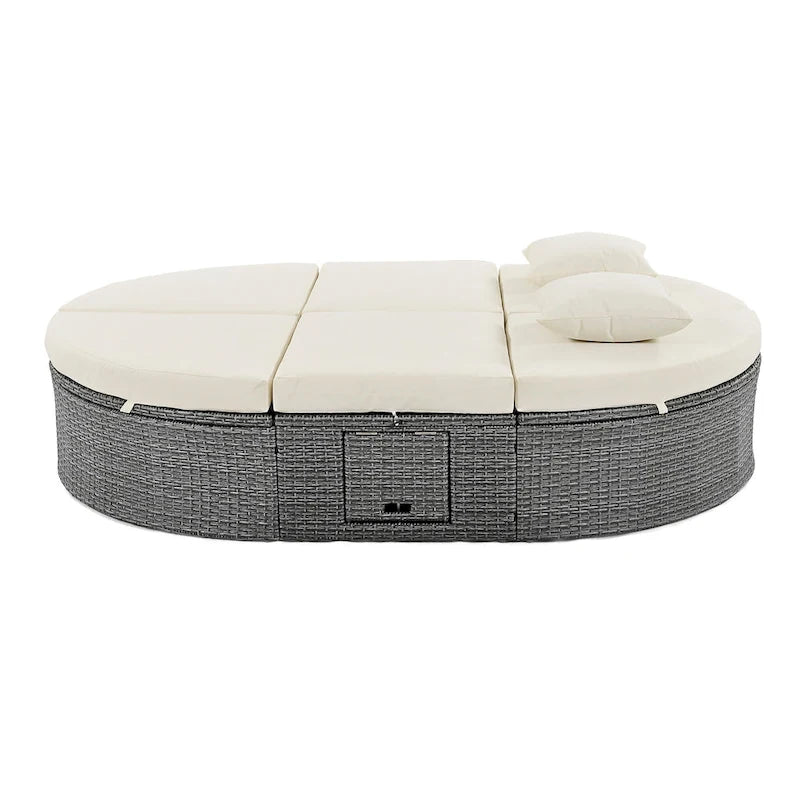 Outdoor Patio Rattan Round Daybed Sunbed with Adjustable Backrests and Foldable Cup Trays