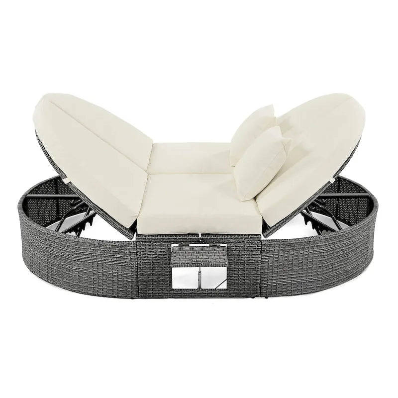 Outdoor Patio Rattan Round Daybed Sunbed with Adjustable Backrests and Foldable Cup Trays