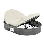 Outdoor Patio Rattan Round Daybed Sunbed with Adjustable Backrests and Foldable Cup Trays