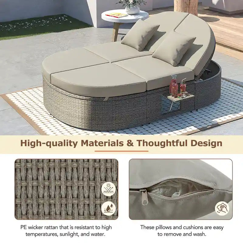 Outdoor Patio Rattan Round Daybed Sunbed with Adjustable Backrests and Foldable Cup Trays