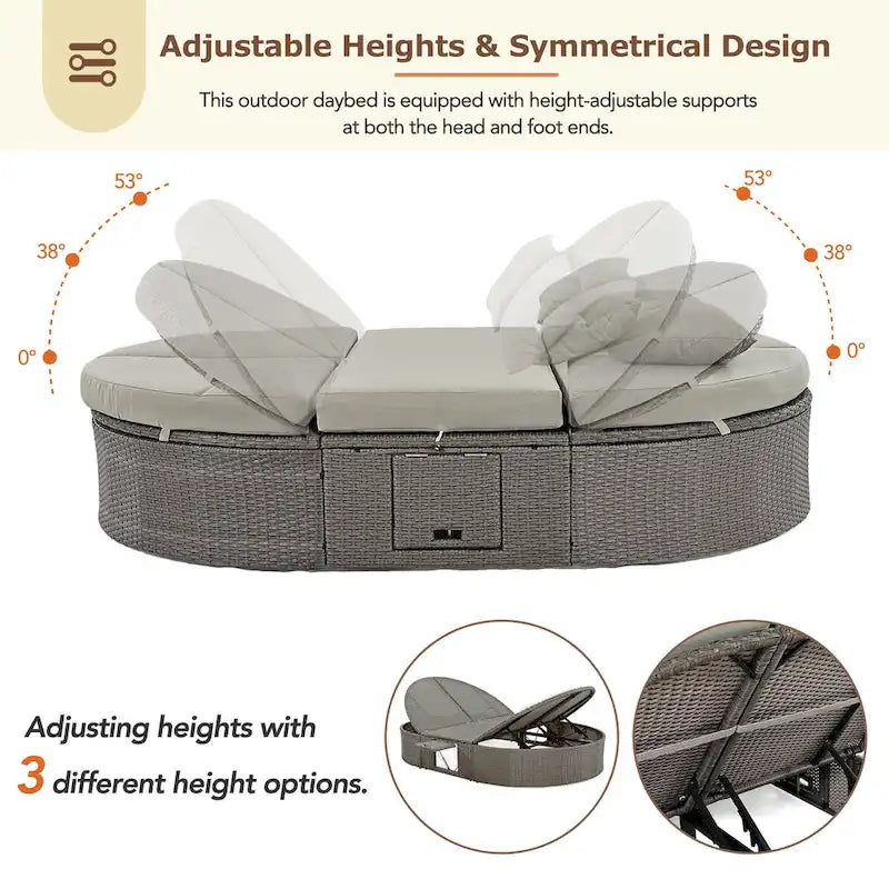 Outdoor Patio Rattan Round Daybed Sunbed with Adjustable Backrests and Foldable Cup Trays