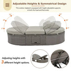 Outdoor Patio Rattan Round Daybed Sunbed with Adjustable Backrests and Foldable Cup Trays