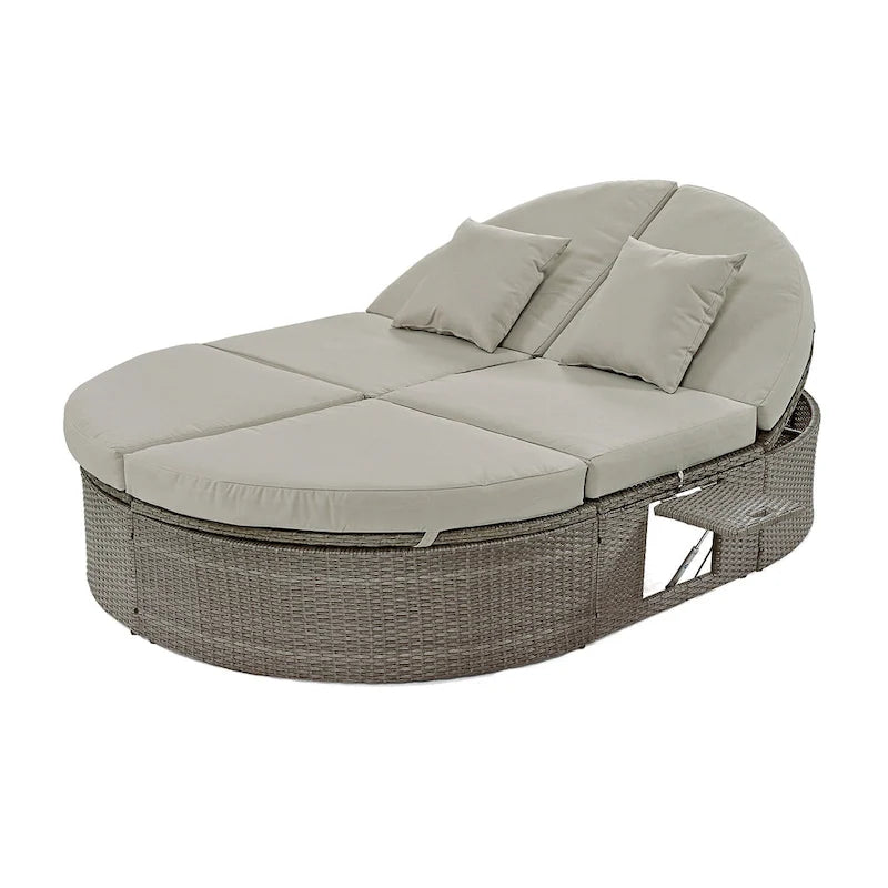 Outdoor Patio Rattan Round Daybed Sunbed with Adjustable Backrests and Foldable Cup Trays