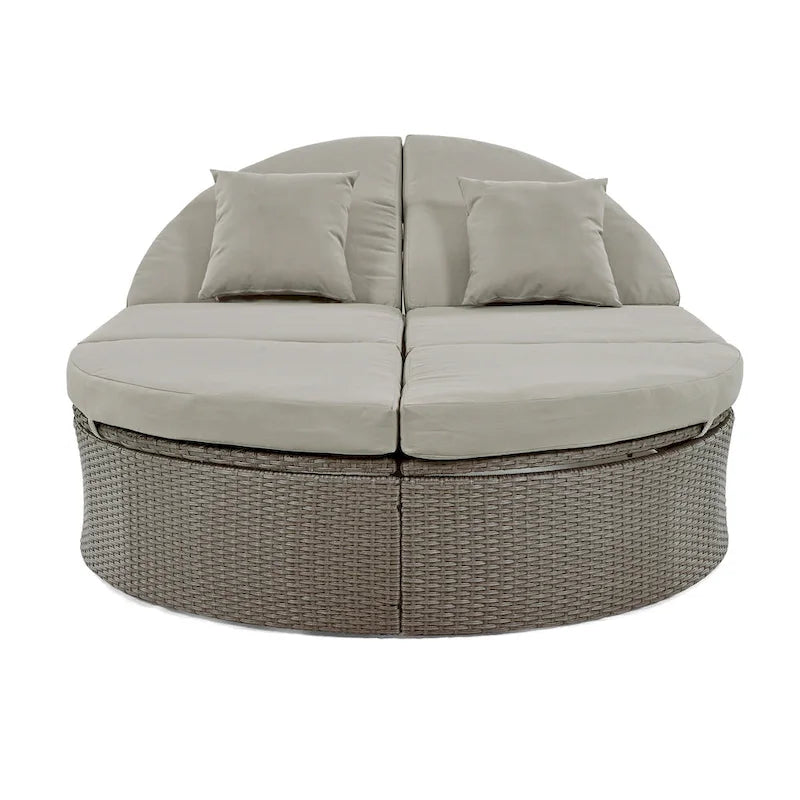 Outdoor Patio Rattan Round Daybed Sunbed with Adjustable Backrests and Foldable Cup Trays