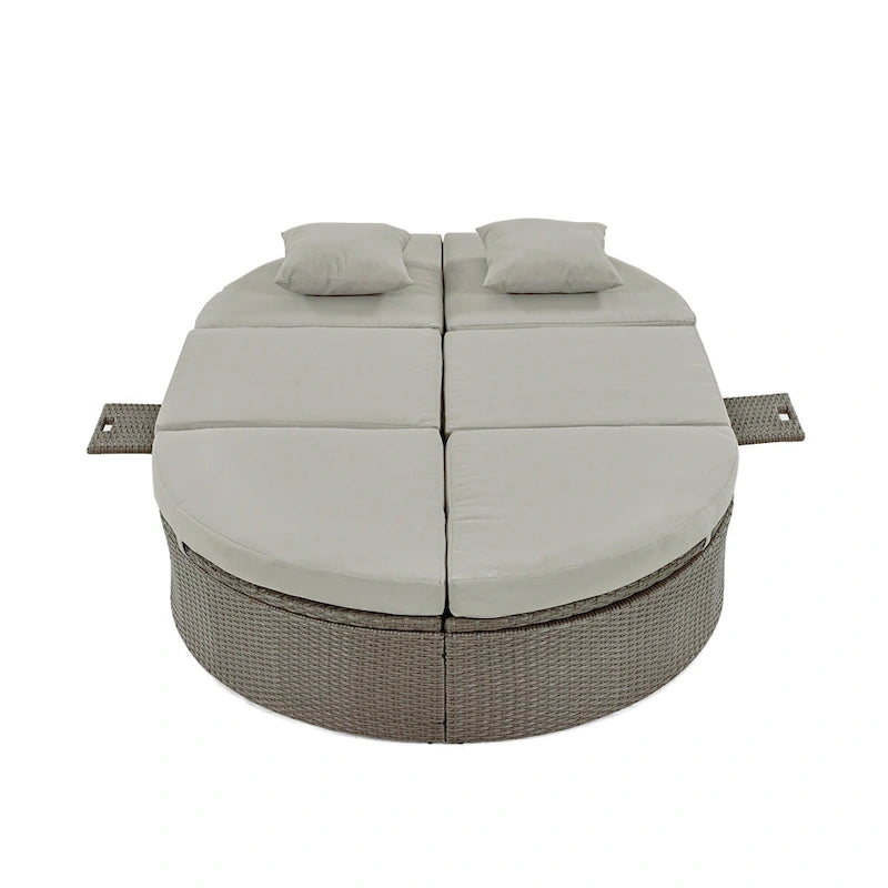 Outdoor Patio Rattan Round Daybed Sunbed with Adjustable Backrests and Foldable Cup Trays