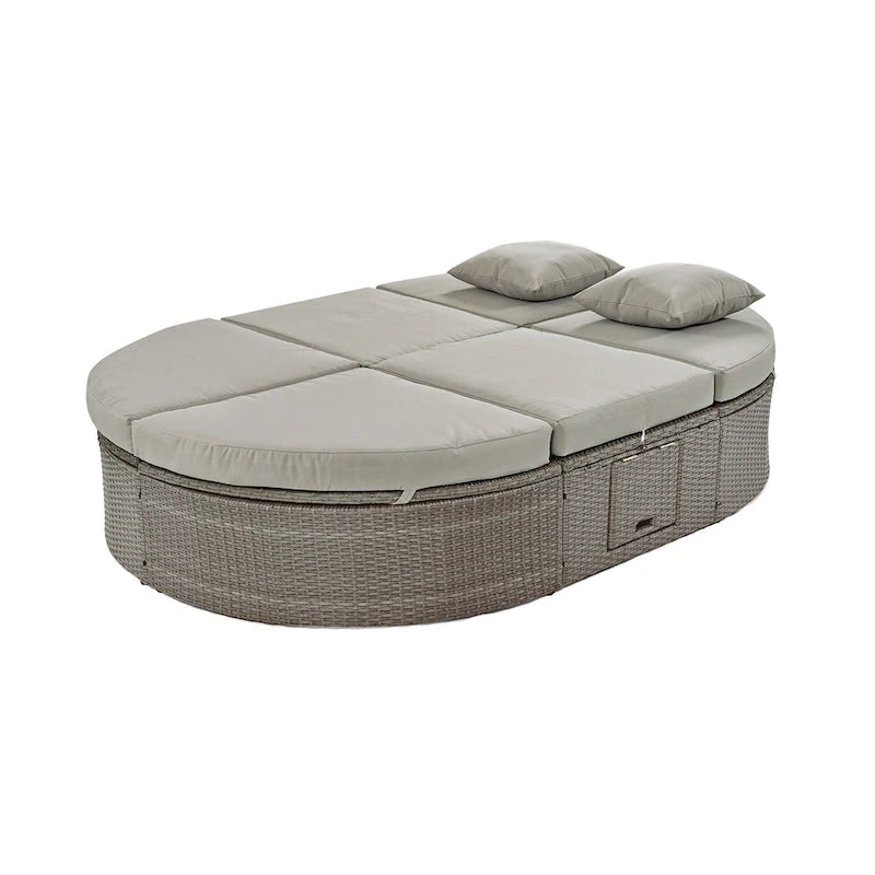 Outdoor Patio Rattan Round Daybed Sunbed with Adjustable Backrests and Foldable Cup Trays