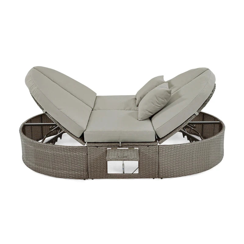 Outdoor Patio Rattan Round Daybed Sunbed with Adjustable Backrests and Foldable Cup Trays