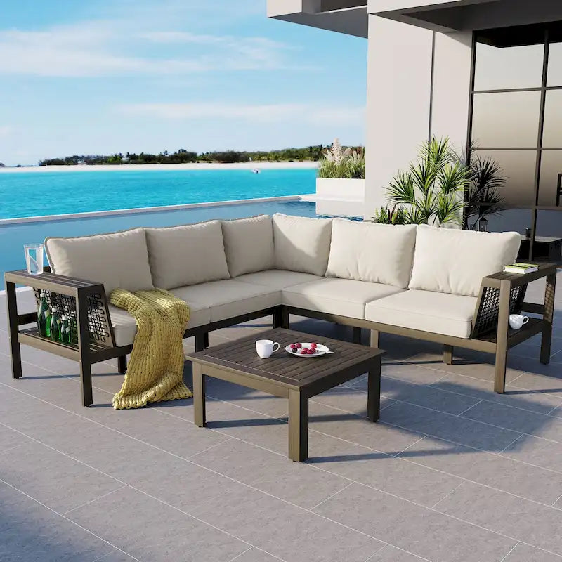 4-Pieces Outdoor L-Shaped Sofa Set with Woven Mesh Armrests & Coffee Table