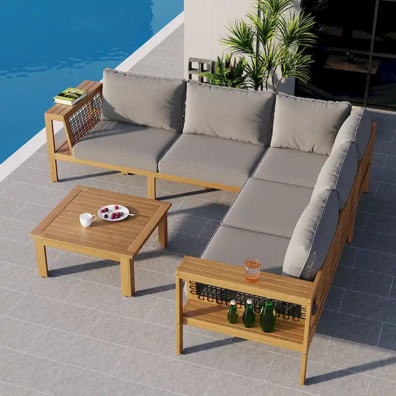 4-Pieces Outdoor L-Shaped Sofa Set with Woven Mesh Armrests & Coffee Table