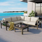 4-Pieces Outdoor L-Shaped Sofa Set with Woven Mesh Armrests & Coffee Table