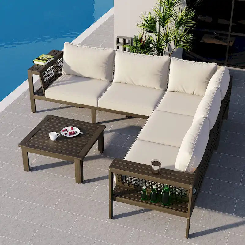 4-Pieces Outdoor L-Shaped Sofa Set with Woven Mesh Armrests & Coffee Table