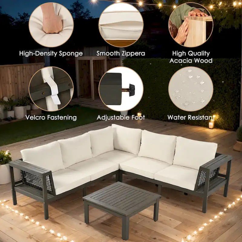4-Pieces Outdoor L-Shaped Sofa Set with Woven Mesh Armrests & Coffee Table