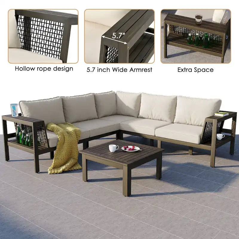 4-Pieces Outdoor L-Shaped Sofa Set with Woven Mesh Armrests & Coffee Table