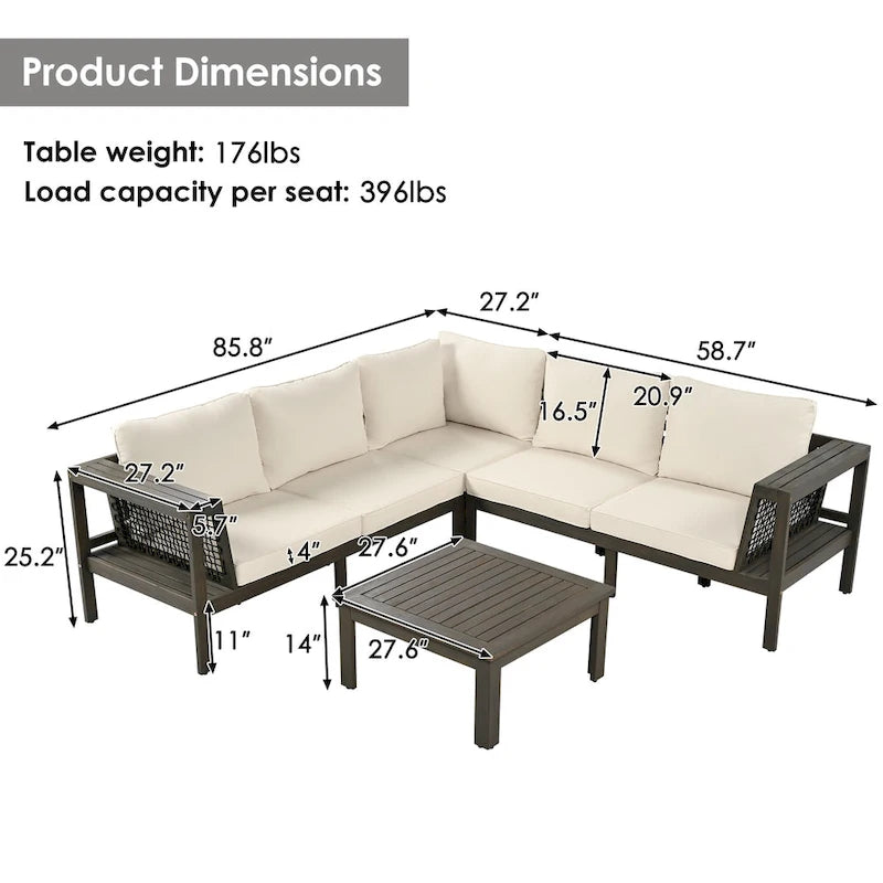 4-Pieces Outdoor L-Shaped Sofa Set with Woven Mesh Armrests & Coffee Table