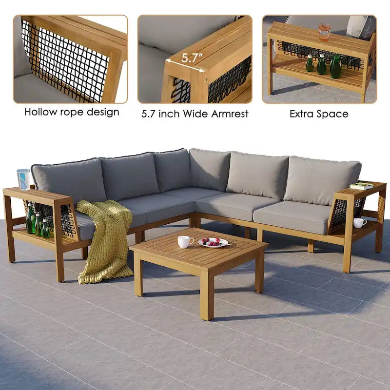 4-Pieces Outdoor L-Shaped Sofa Set with Woven Mesh Armrests & Coffee Table