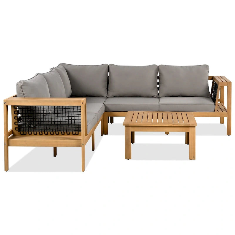4-Pieces Outdoor L-Shaped Sofa Set with Woven Mesh Armrests & Coffee Table