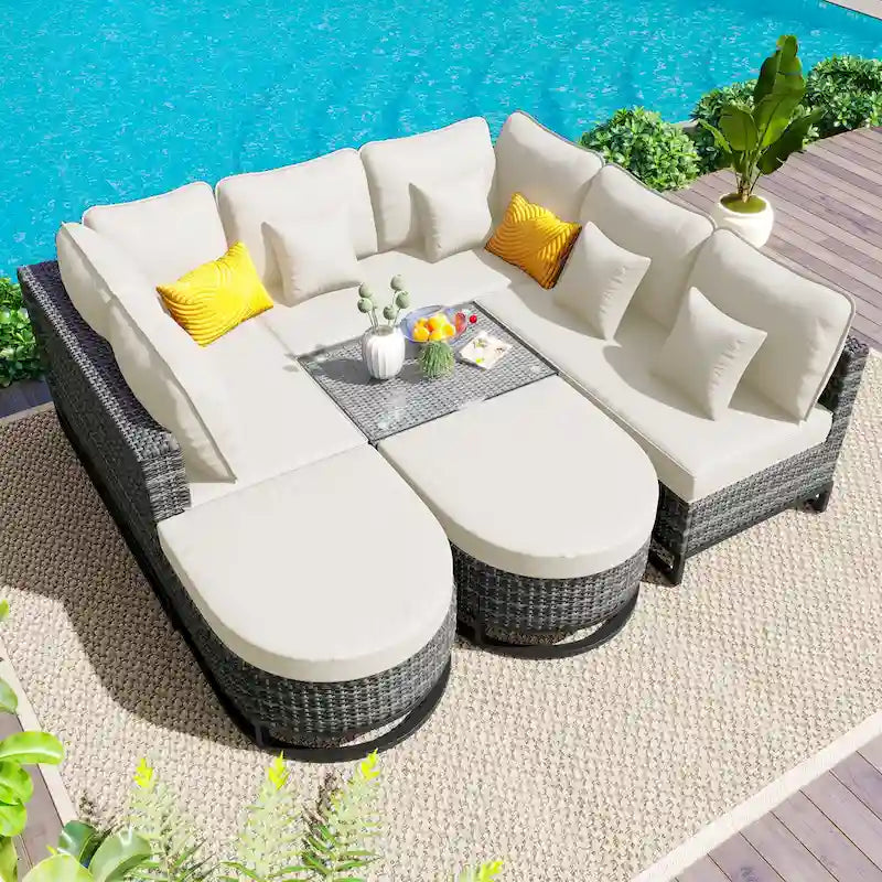 7-Pieces Large Size Wicker Sofa Set with 2 Coffee Table & Pillows