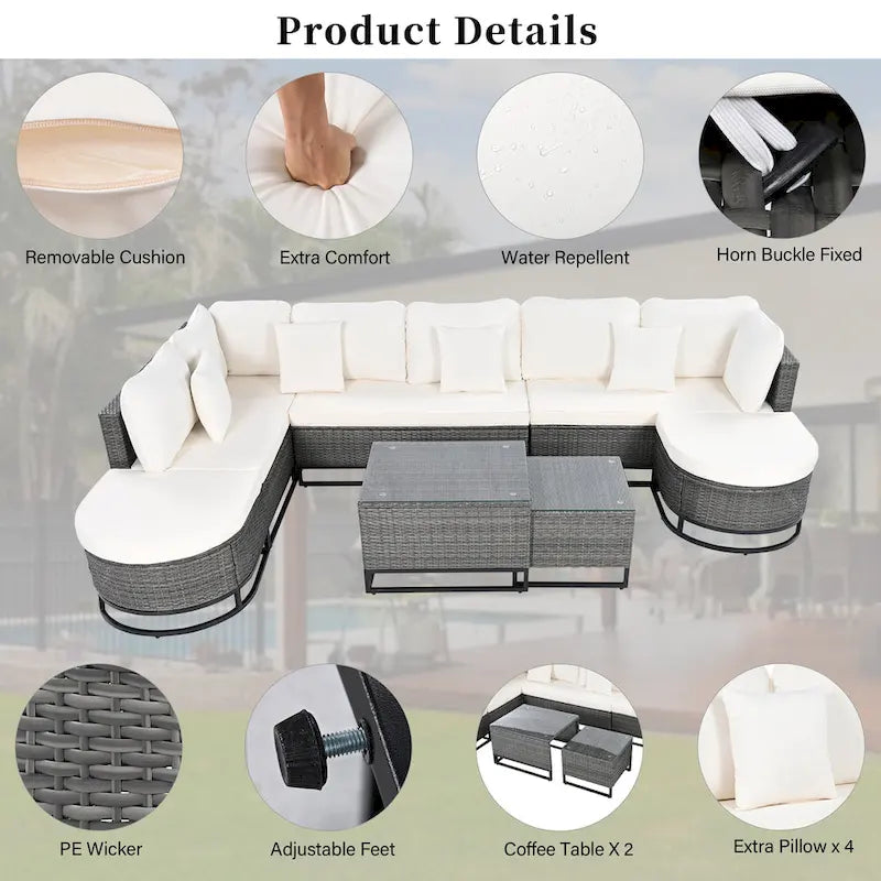 7-Pieces Large Size Wicker Sofa Set with 2 Coffee Table & Pillows
