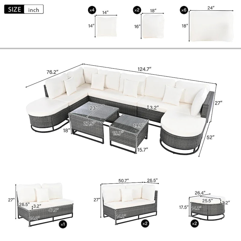 7-Pieces Large Size Wicker Sofa Set with 2 Coffee Table & Pillows