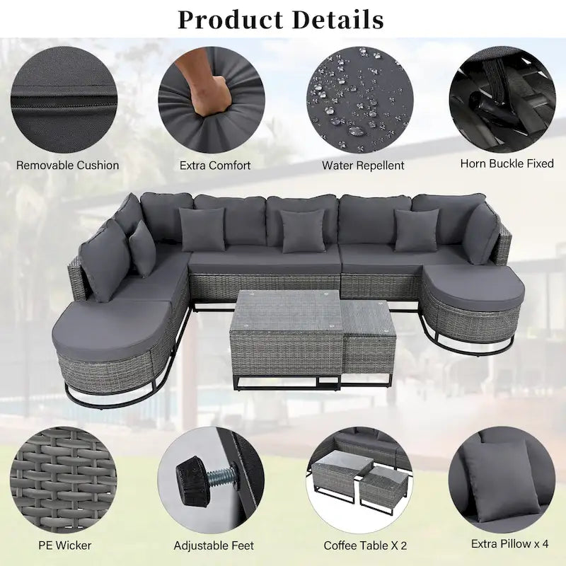 7-Pieces Large Size Wicker Sofa Set with 2 Coffee Table & Pillows