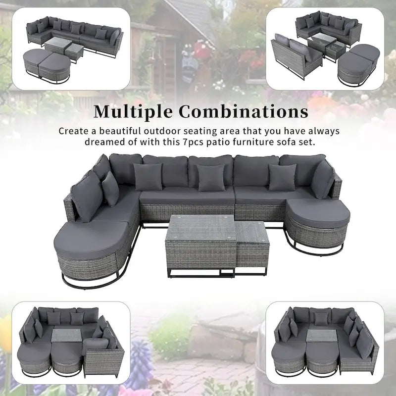 7-Pieces Large Size Wicker Sofa Set with 2 Coffee Table & Pillows