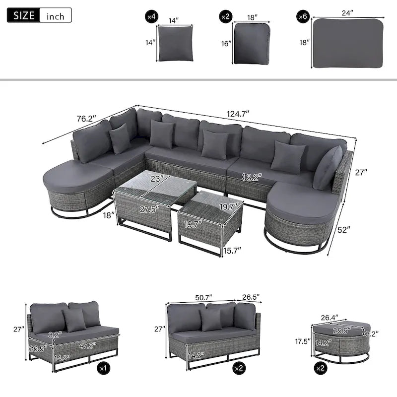 7-Pieces Large Size Wicker Sofa Set with 2 Coffee Table & Pillows