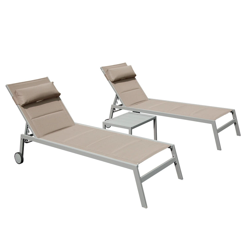 Outdoor Aluminum Patio Chaise Lounge Set of 3 with Side Table and Wheels, Padded Adjustable Recliner for Poolside, Beach