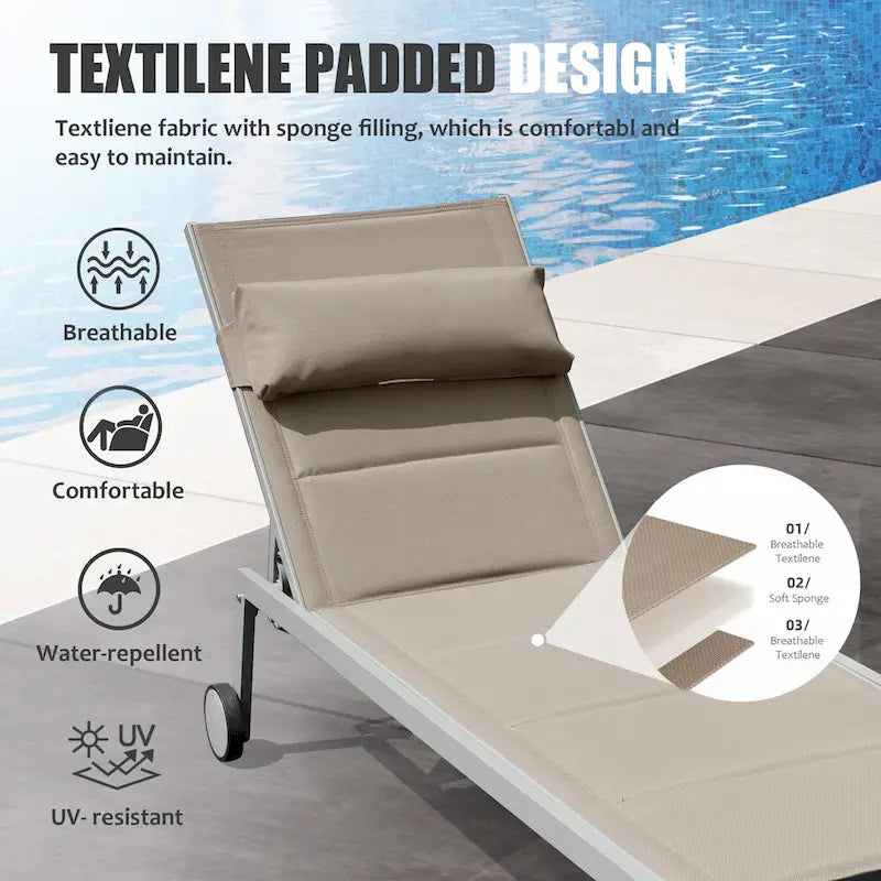 Outdoor Aluminum Patio Chaise Lounge Set of 3 with Side Table and Wheels, Padded Adjustable Recliner for Poolside, Beach