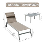 Outdoor Aluminum Patio Chaise Lounge Set of 3 with Side Table and Wheels, Padded Adjustable Recliner for Poolside, Beach