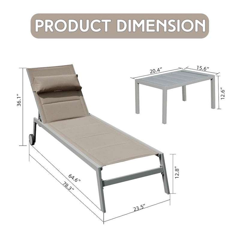 Outdoor Aluminum Patio Chaise Lounge Set of 3 with Side Table and Wheels, Padded Adjustable Recliner for Poolside, Beach