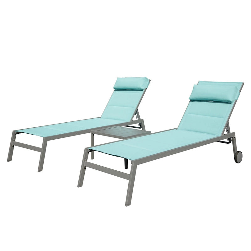 Outdoor Aluminum Patio Chaise Lounge Set of 3 with Side Table and Wheels, Padded Adjustable Recliner for Poolside, Beach