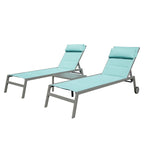 Outdoor Aluminum Patio Chaise Lounge Set of 3 with Side Table and Wheels, Padded Adjustable Recliner for Poolside, Beach