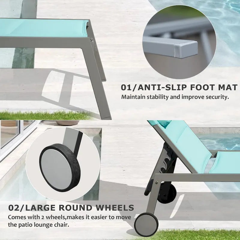Outdoor Aluminum Patio Chaise Lounge Set of 3 with Side Table and Wheels, Padded Adjustable Recliner for Poolside, Beach