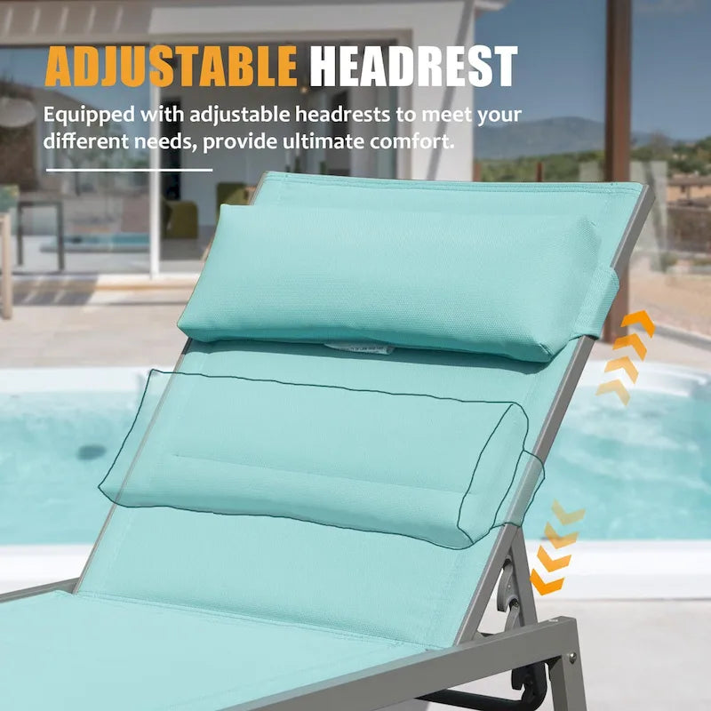 Outdoor Aluminum Patio Chaise Lounge Set of 3 with Side Table and Wheels, Padded Adjustable Recliner for Poolside, Beach