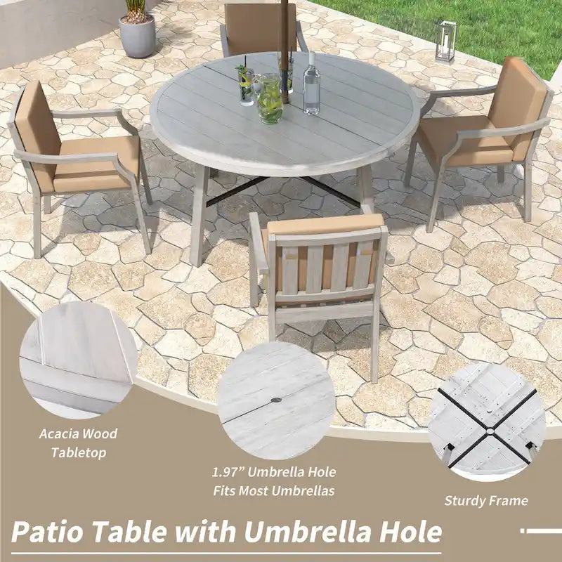 4-Person Outdoor Wooden Dinning Set with 1 Umbrella Hole & Removable Cushions