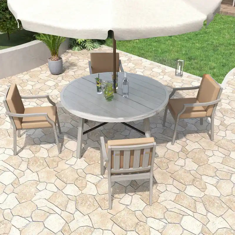 4-Person Outdoor Wooden Dinning Set with 1 Umbrella Hole & Removable Cushions