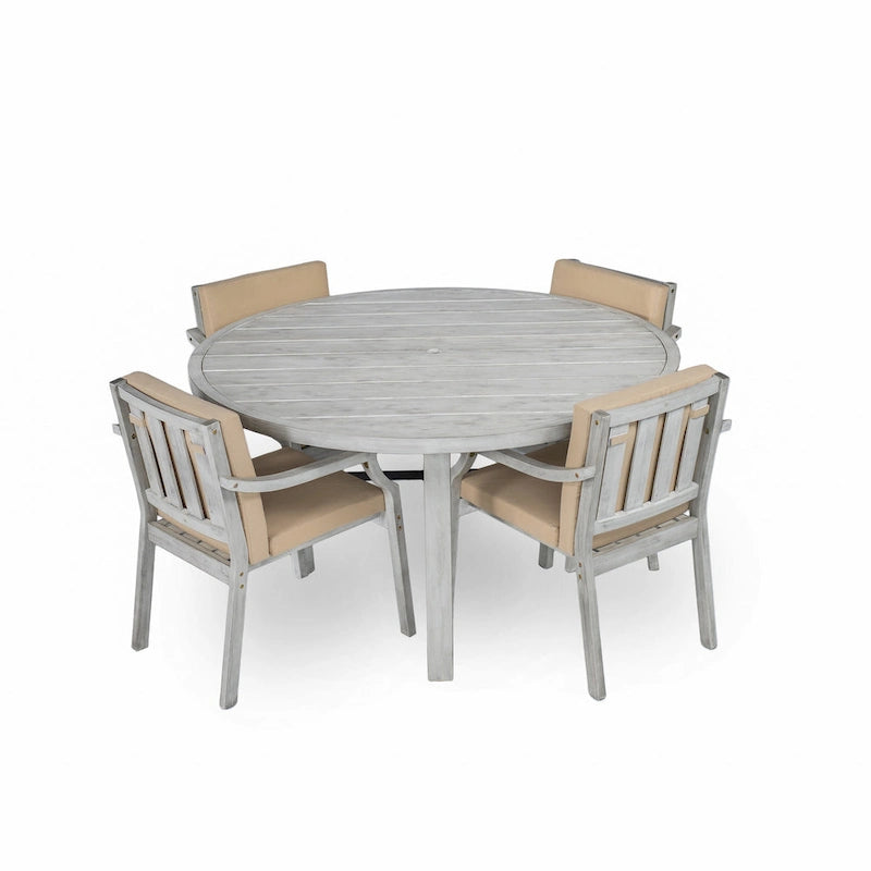 4-Person Outdoor Wooden Dinning Set with 1 Umbrella Hole & Removable Cushions